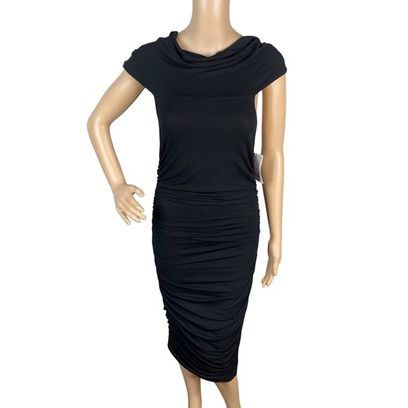 NWT Celine $925 Vtg Y2K Black Ruched Draped Back Avant Garde Midi Dress SZ L - Picture 1 of 8